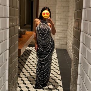 Chloe Black Maxi Dress with Draped Pearl Chains